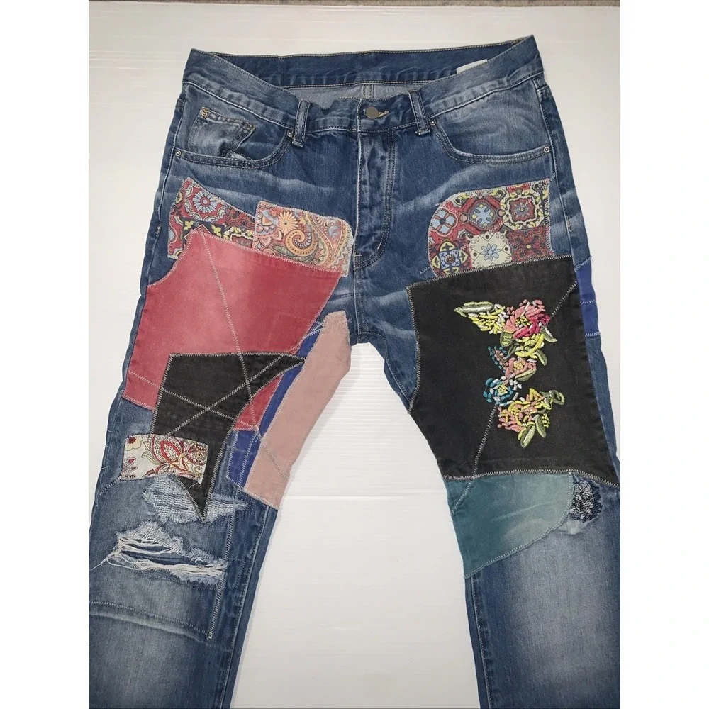 MNML Patchwork Jeans Mens 34x31 Embroidered Distressed Unisex Streetwear